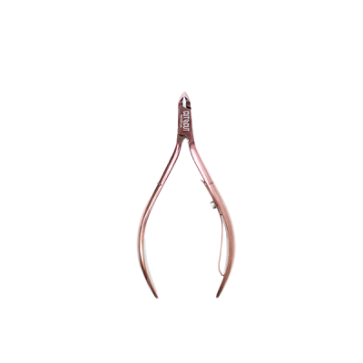 Alicate de corte pequeno metálico rosado com palavra 'LOTION'