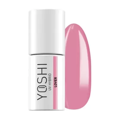 Frasco branco de verniz de unhas YOSHI UV HYBRID cor rosa LOVER com amostra de cor