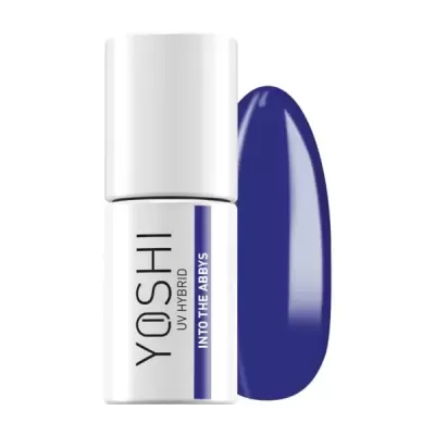Frasco de verniz UV híbrido YOSHI azul escuro com amostra da cor