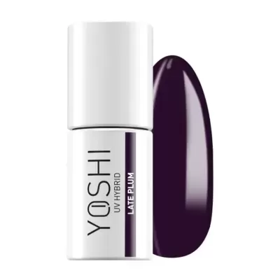 Esmalte de unhas YOSHI UV HYBRID Late Plum com amostra da cor roxa escura