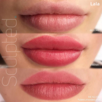 Três fotos em sequência de lábios antes e depois de tratamento, com texto indicativo de fases.