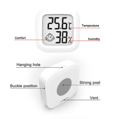 Termómetro e higrómetro digital branco com ecrã LCD mostrando temperatura e humidade com texto explicativo em inglês