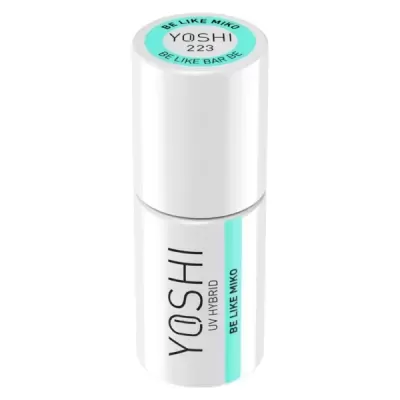 Frasco branco de verniz UV híbrido YOSHI com rótulo azul e texto