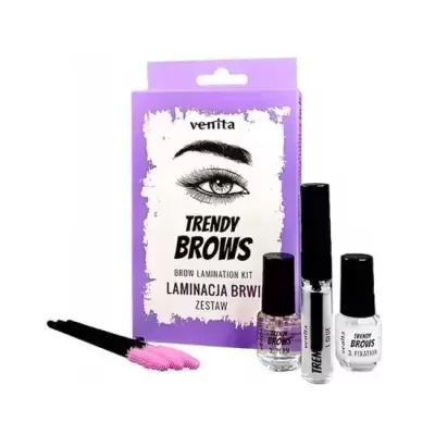 Kit laminagem de sobrancelhas Trendy Brows com frascos e escovas em embalagem roxa