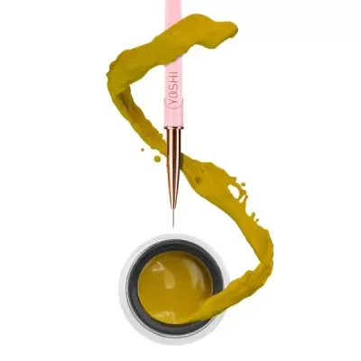 Pincel com tinta amarela esverdeada formando espiral sobre fundo branco