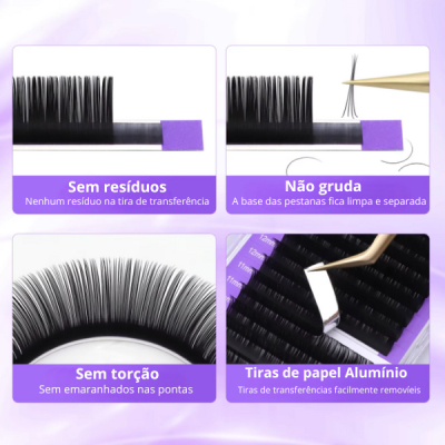 Imagem de cílios postiços pretos, pincel preto com ponta roxa, pinça dourada e tiras de papel alumínio com texto em português