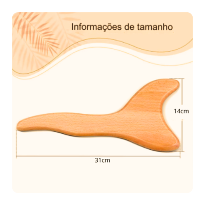 Bumerangue de madeira castanha clara com dimensões 31x14 cm e texto Informações de tamanho