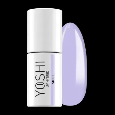 Frasco de verniz UV híbrido YOSHI com cor lilás claro brilhante ao lado