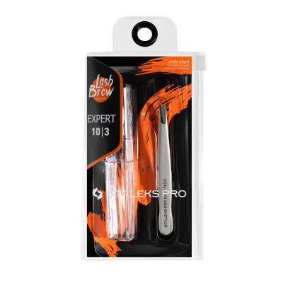 Conjunto de cuidado para sobrancelhas Lash Brow com aparador e pinça em embalagem preta e laranja
