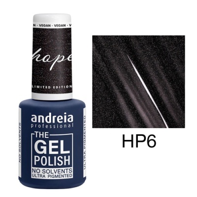 Frasco de verniz gel para unhas azul escuro com tampa branca e rótulo com texto, amostra da cor preta brilhante e código HP6
