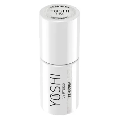 Frasco branco de verniz UV híbrido YOSHI com texto preto e tampa branca