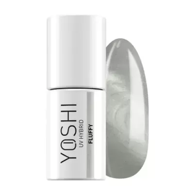 Frasco branco de verniz UV híbrido YOSHI com amostra cinza perolada