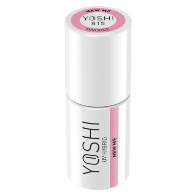 Frasco branco de verniz UV híbrido YOSHI com etiquetas cor de rosa e texto