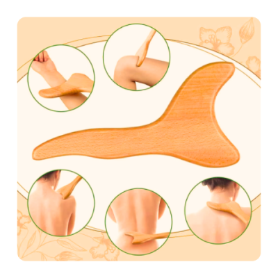 Massageador de madeira em forma de âncora com demonstração de uso em várias partes do corpo