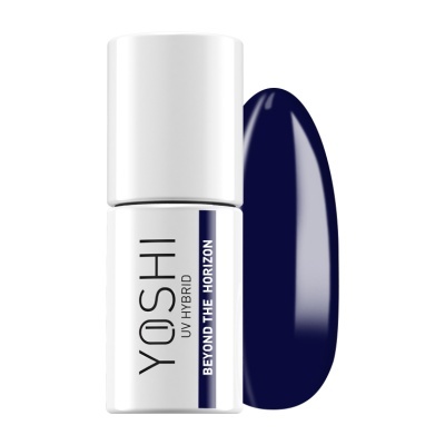 Verniz para unhas branco YOSHI UV HYBRID com amostra azul escura