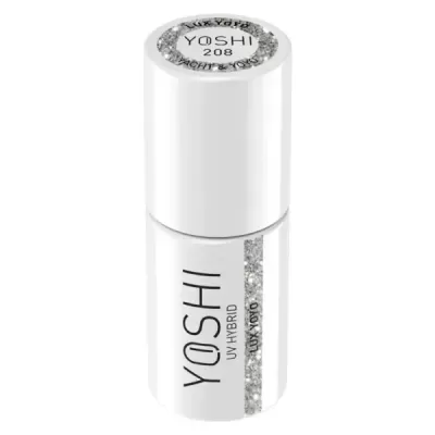 Frasco branco de verniz YOSHI com detalhes prateados e texto visível