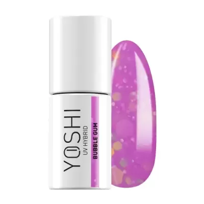 Frasco de verniz YOSHI UV HYBRID Bubble Gum e amostra de verniz rosa