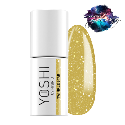 Frasco de verniz UV híbrido YOSHI TWINKLE STAR com amostra dourada brilhante e logótipo TOUCH THE galaxy.
