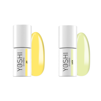 Dois frascos de verniz de unhas YOSHI UV Hybrid, cores amarelo e verde claro