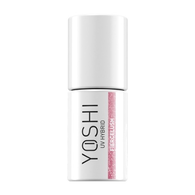 Frasco branco de verniz de unhas YOSHI UV HYBRID com faixa cor-de-rosa brilhante