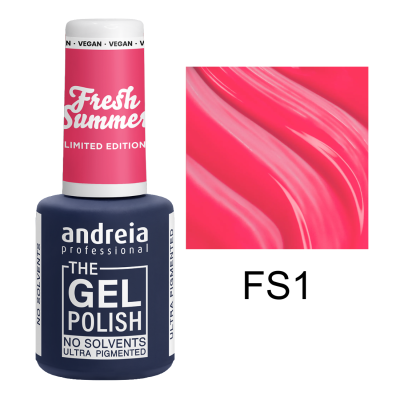 Frasco de verniz gel para unhas cor rosa da andreia professional com rótulo azul e tampa branca e rosa