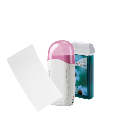 Kit depilatório com roll-on, cera azul e tira de tecido branca