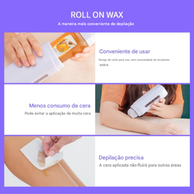 Depilador Roll On Wax branco com detalhes laranja, texto explicativo em português