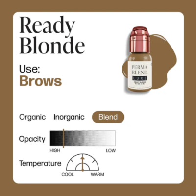 Frasco pequeno cosmético Perma Blend Luxe com tampa rosa e texto Ready Blonde para sobrancelhas