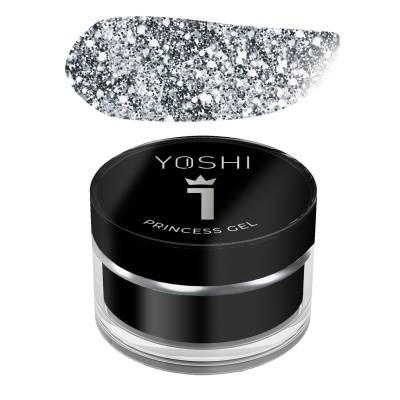 Frasco preto de gel para unhas YOSHI com amostra prateada brilhante