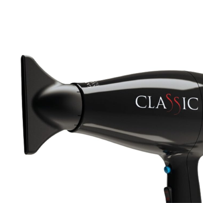 Secador de cabelo preto com texto CLASSIC e bocal estreito