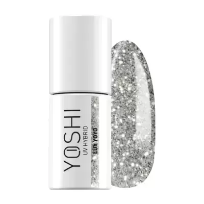 Frasco de esmalte de unhas branco com texto YOSHI UV HYBRID e amostra de cor prateada com glitter