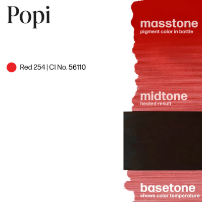 Amostras de pigmento vermelho em massa, tom médio e tom base com texto descritivo e nome Popi.