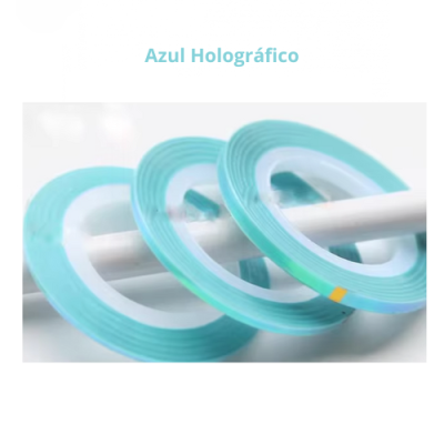Três rolos de fita adesiva azul holográfico sobre barras brancas