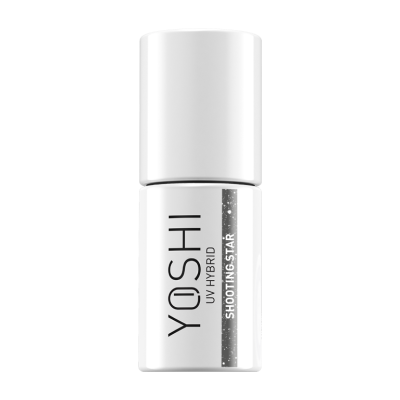 Frasco branco de verniz de unhas YOSHI com tampa branca e etiqueta UV HYBRID SHOOTING STAR