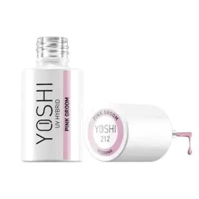 Frasco de verniz para unhas YOSHI UV HYBRID PINK GROOM branco com verniz rosa a escorrer da tampa.