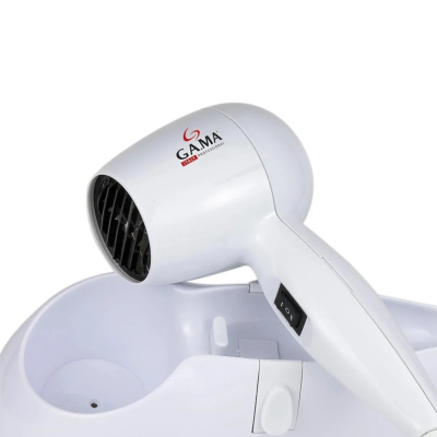 Secador de cabelo branco GA.MA com botão e base de apoio branca