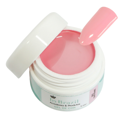 Gel de cor rosa claro para unhas com aplicador e frasco aberto