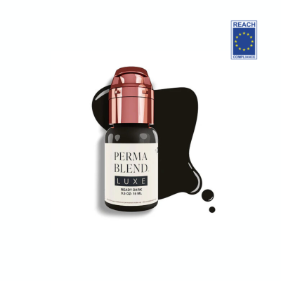 Frasco pequeno Perma Blend Luxe Ready Dark com tampa metálica e mancha preta ao fundo