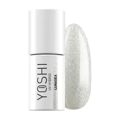 Frasco branco de verniz de unhas YOSHI UV HYBRID e amostra de cor branca cintilante