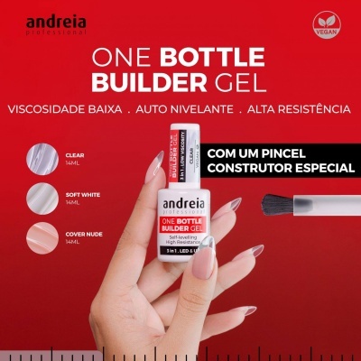 Frasco de gel para unhas 'One Bottle Builder Gel' com pincel aplicador especial, fundo vermelho com texto e amostras de cor.