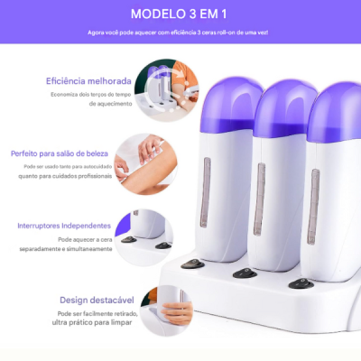 Aquecedor de cera modelo 3 em 1 com três potes brancos e tampas roxas em base branca com interruptores.