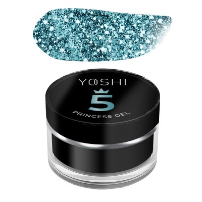 Frasco de gel de brilho azul com glitter e tampa preta com texto YOSHI 5 PRINCESS GEL.