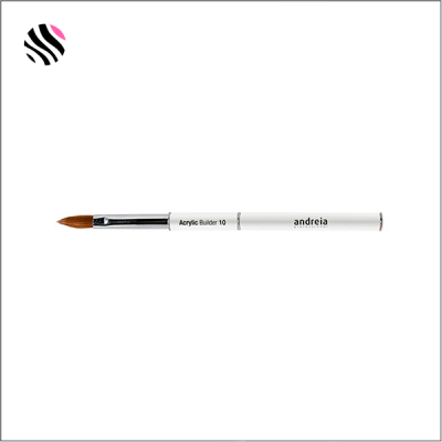 Pincel para unhas branco com texto 'Acrylic Builder 10' e marca 'andreia'