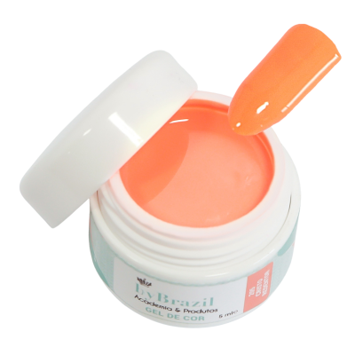 Pote aberto de gel de cor para unhas laranja com tampa branca e pincel