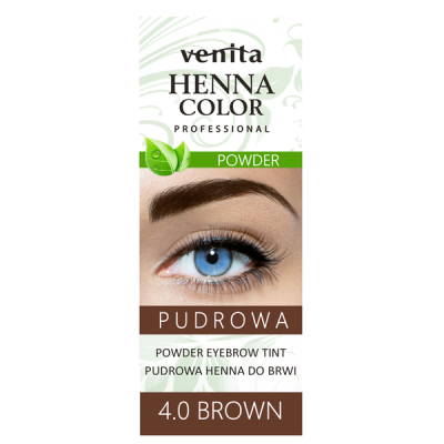 Embalagem venita Henna Color Powder cor 4.0 Brown com imagem de olho azul e sobrancelha castanha