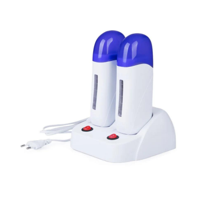 Aparelho de depilação duplo com tampa azul e base branca com botões vermelhos
