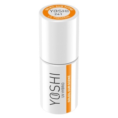Frasco branco de verniz para unhas YOSHI UV HYBRID com detalhes laranja