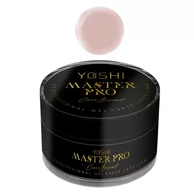 Frasco preto de gel Yoshi Master Pro com texto dourado e amostra de cor nude rosada