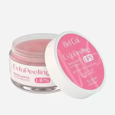 Esfoliante labial Bel Col ExfoPeeling LIPS com embalagem aberta e cor rosa