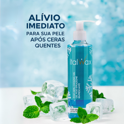 Frasco azul de gel refrescante ItalWax com cubos de gelo e folhas de hortelã